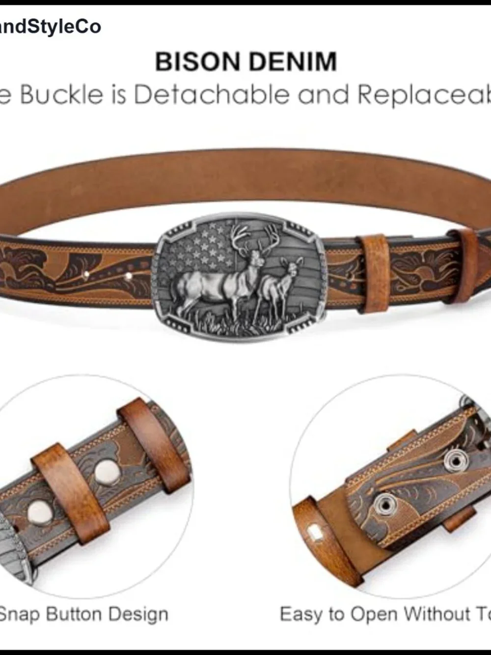 Western Cowboy Leather Belt for Men Women, Genuine Cowhide, Removable Snap